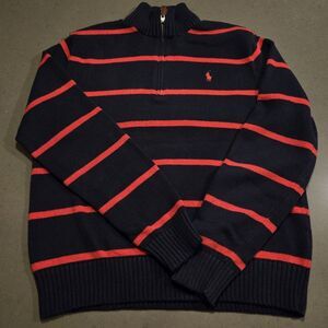 Polo Ralph Lauren Men's Size M Navy Red Striped Sweater Quarter Zip  100% Cotton